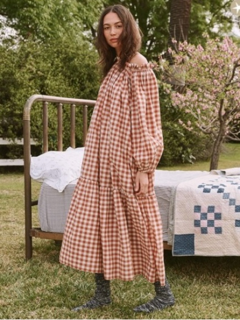 The Great Victorian Sleep Dress (Off-Shoulder Gingham Maxi Dress) in Rust